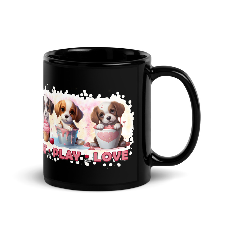 Eat Play Love puppies black mug
