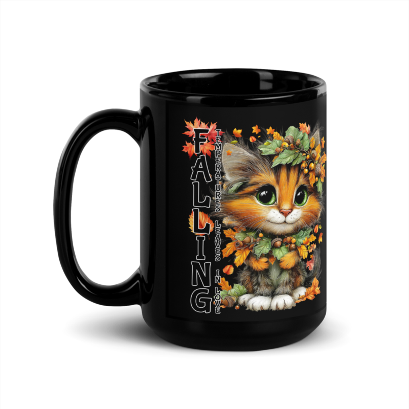 Falling Cat Black Glossy Mug