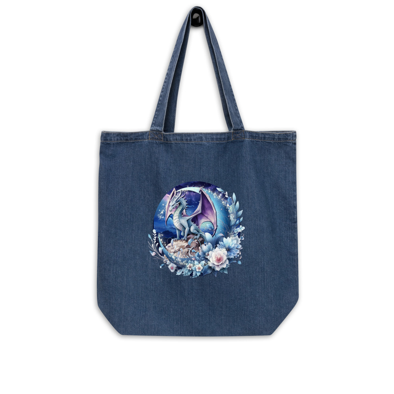 Floral dragon denim tote bag