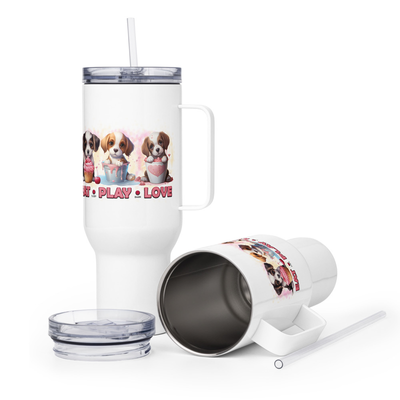Eat Play Love puppies travel mug