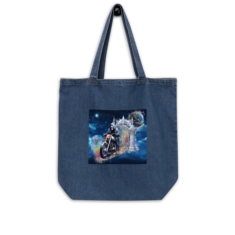 Skeleton motorcycle denim tote bag