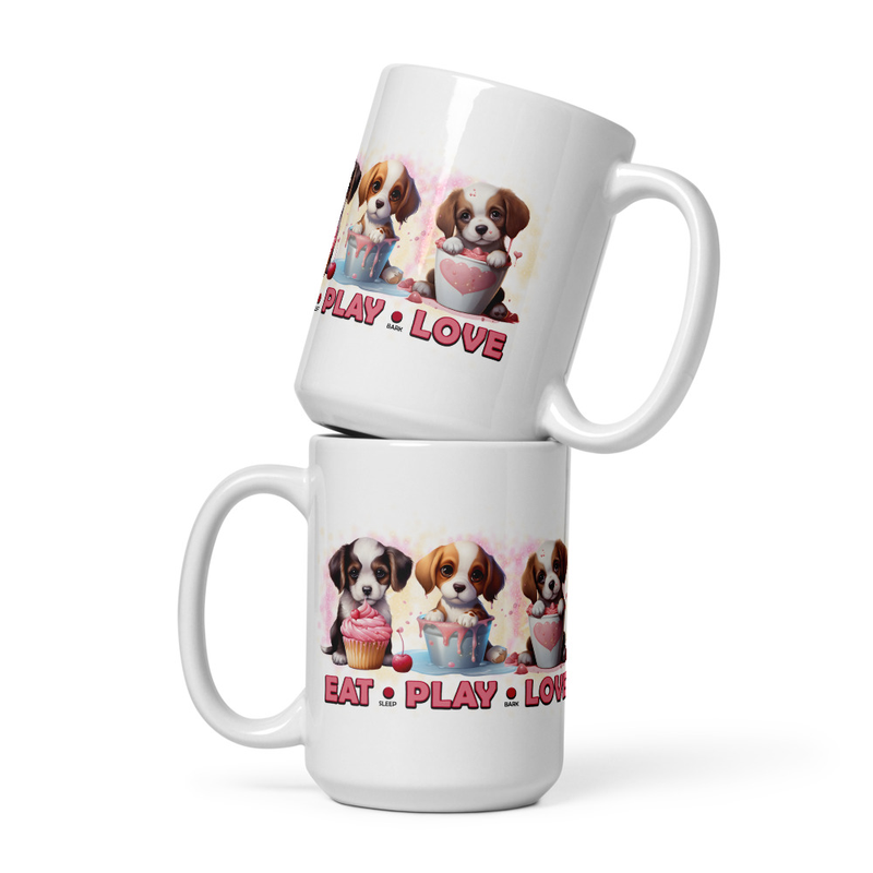 Eat Play Love puppies white mug