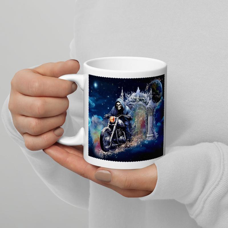 Skeleton motorcycle white mug
