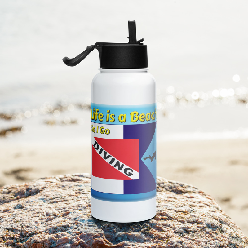 Life Is A Beach Diving stainless steel water bottle w/straw lid