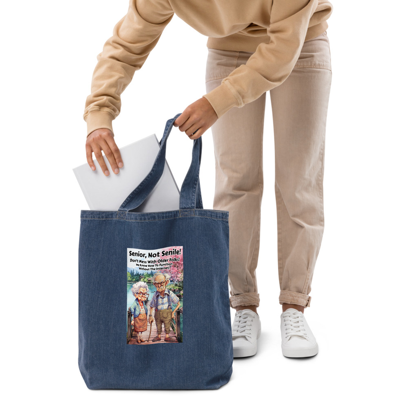 Senior not senile denim tote bag