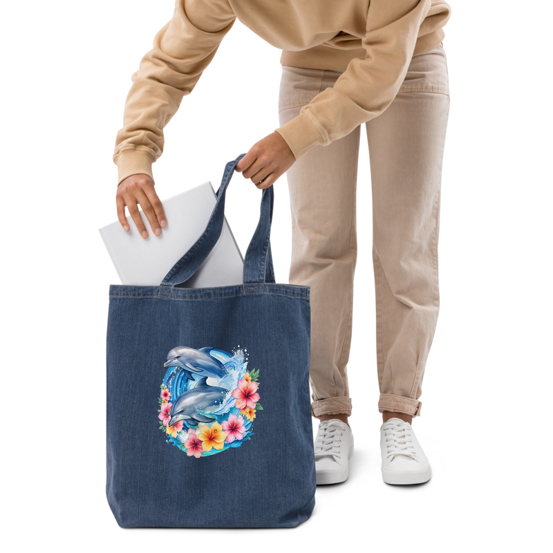 Dolphins floral denim tote bag