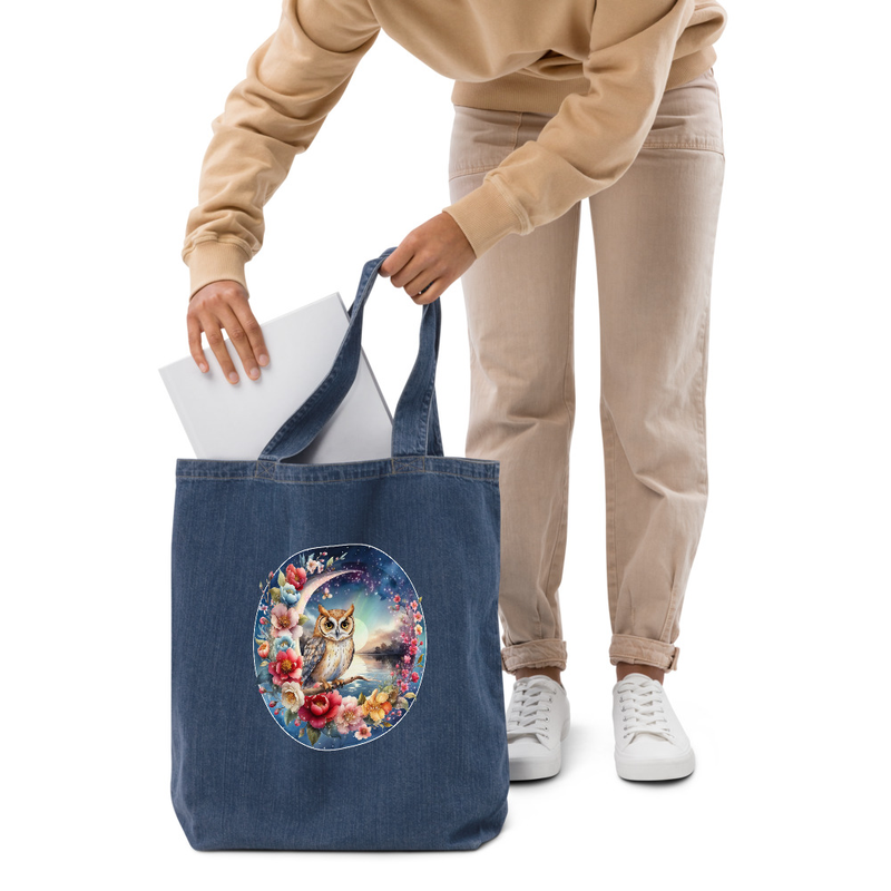 Owl Moon Floral denim tote bag