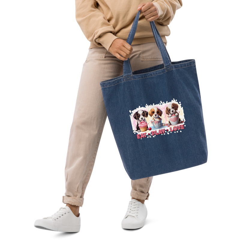 Eat Play Love Puppies denim tote bag
