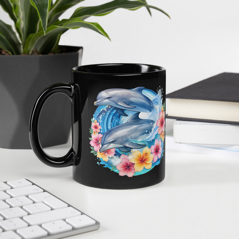Dolphins floral black mug