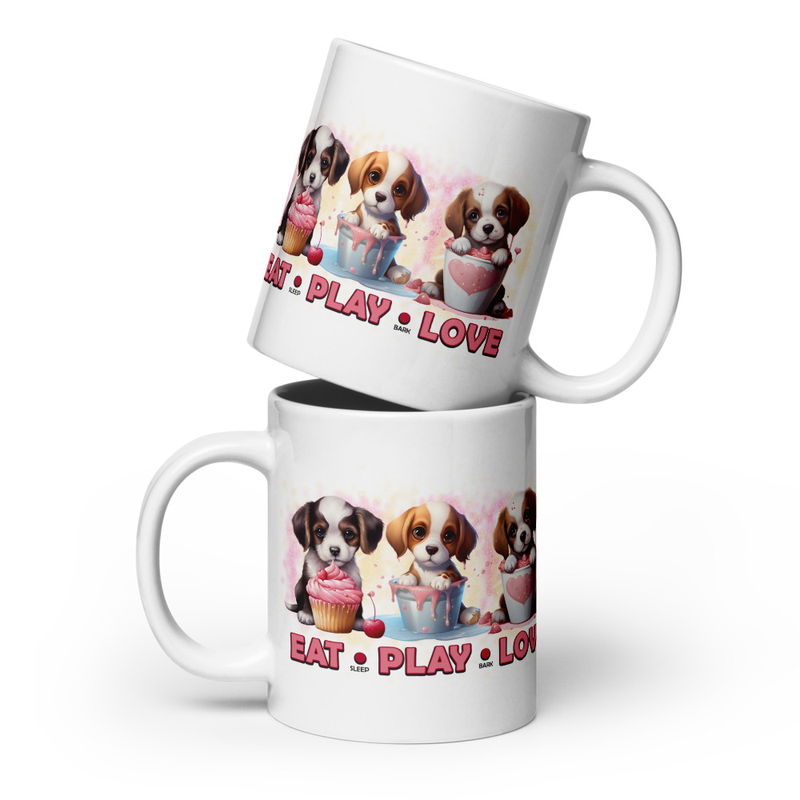 Eat Play Love puppies white mug