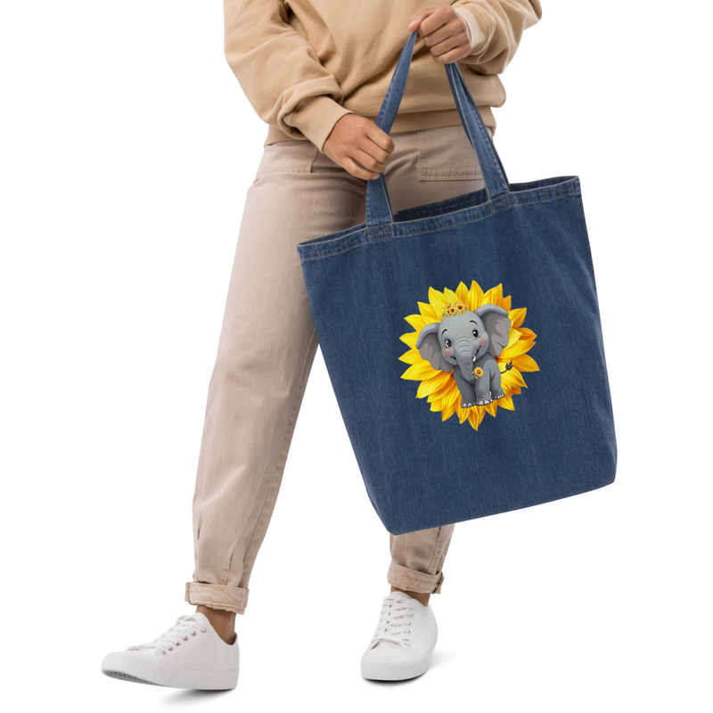 Sunflower Elephant Organic denim tote bag