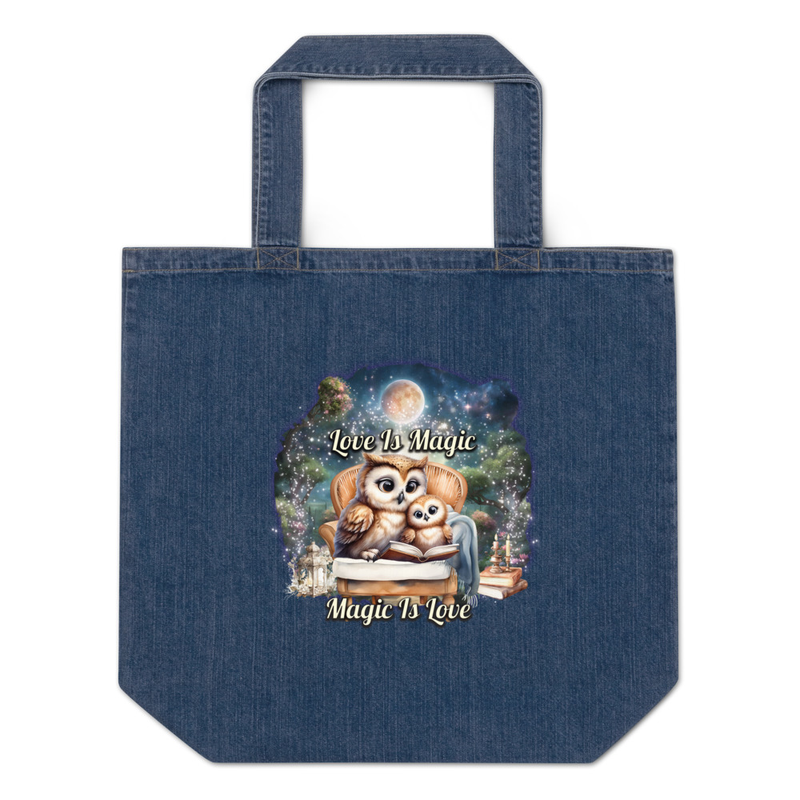 Owls Love Is Magic denim tote bag