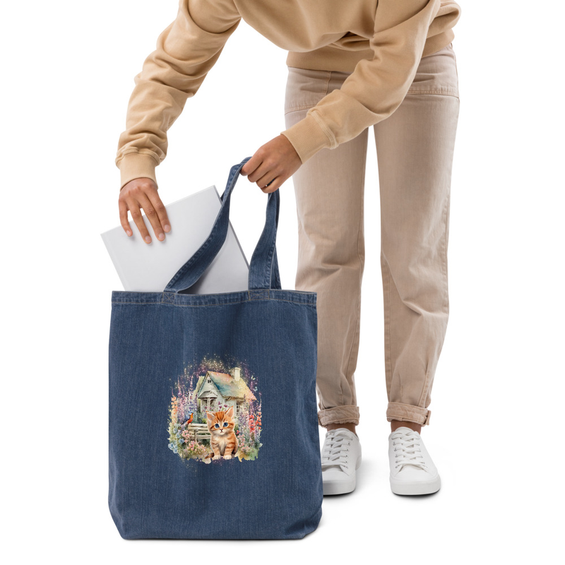 Orange stripe kitten denim tote bag