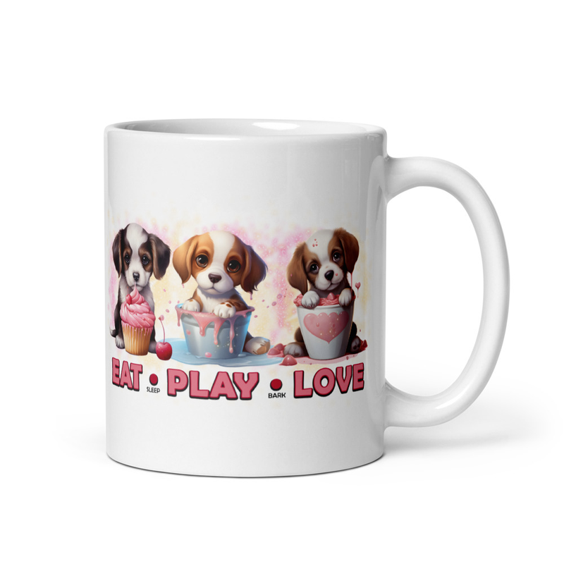 Eat play love puppies mug