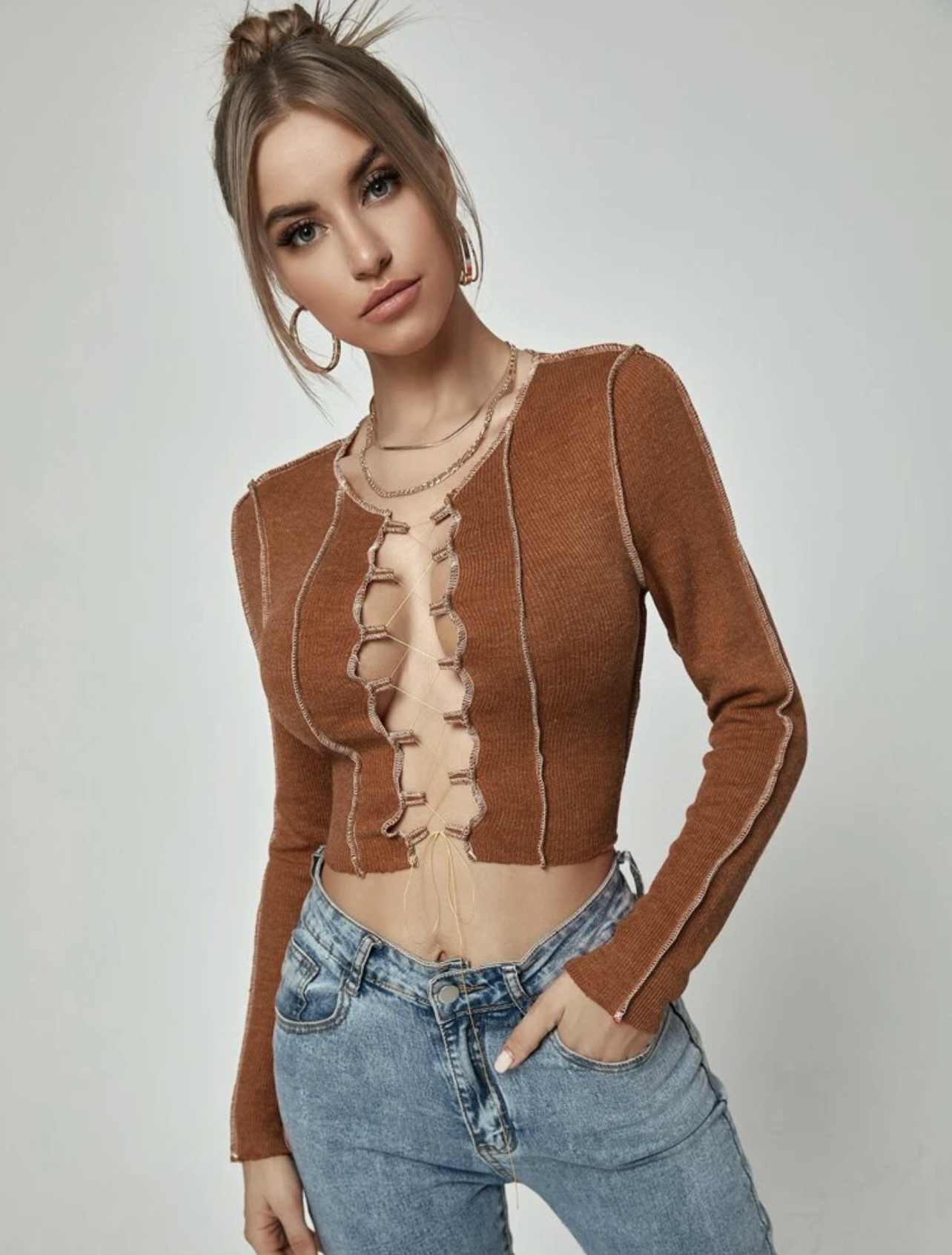 Long sleeve cropped laced front top (S)