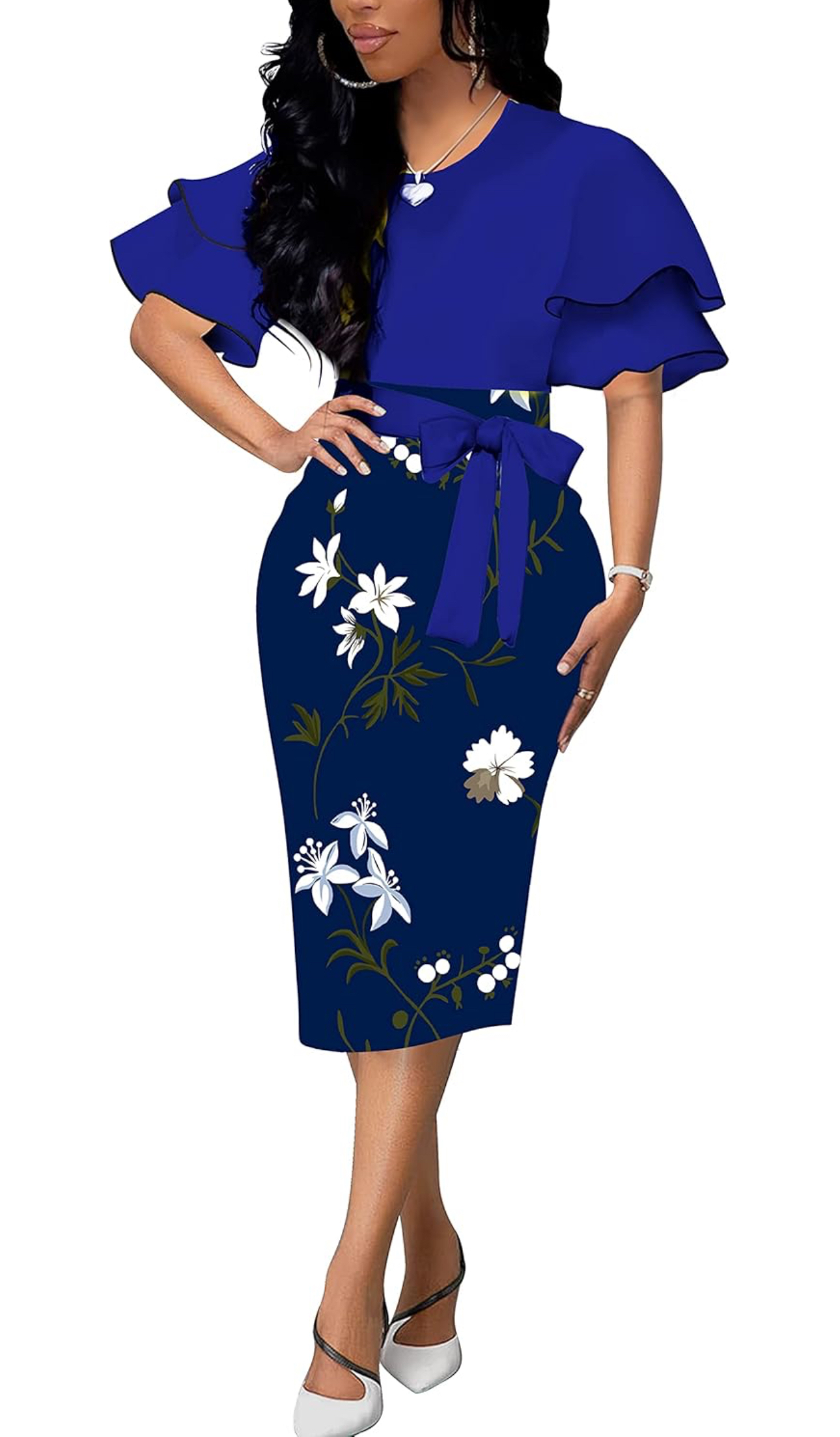 Blue Ruffle Short Sleeve Floral Dress (S)