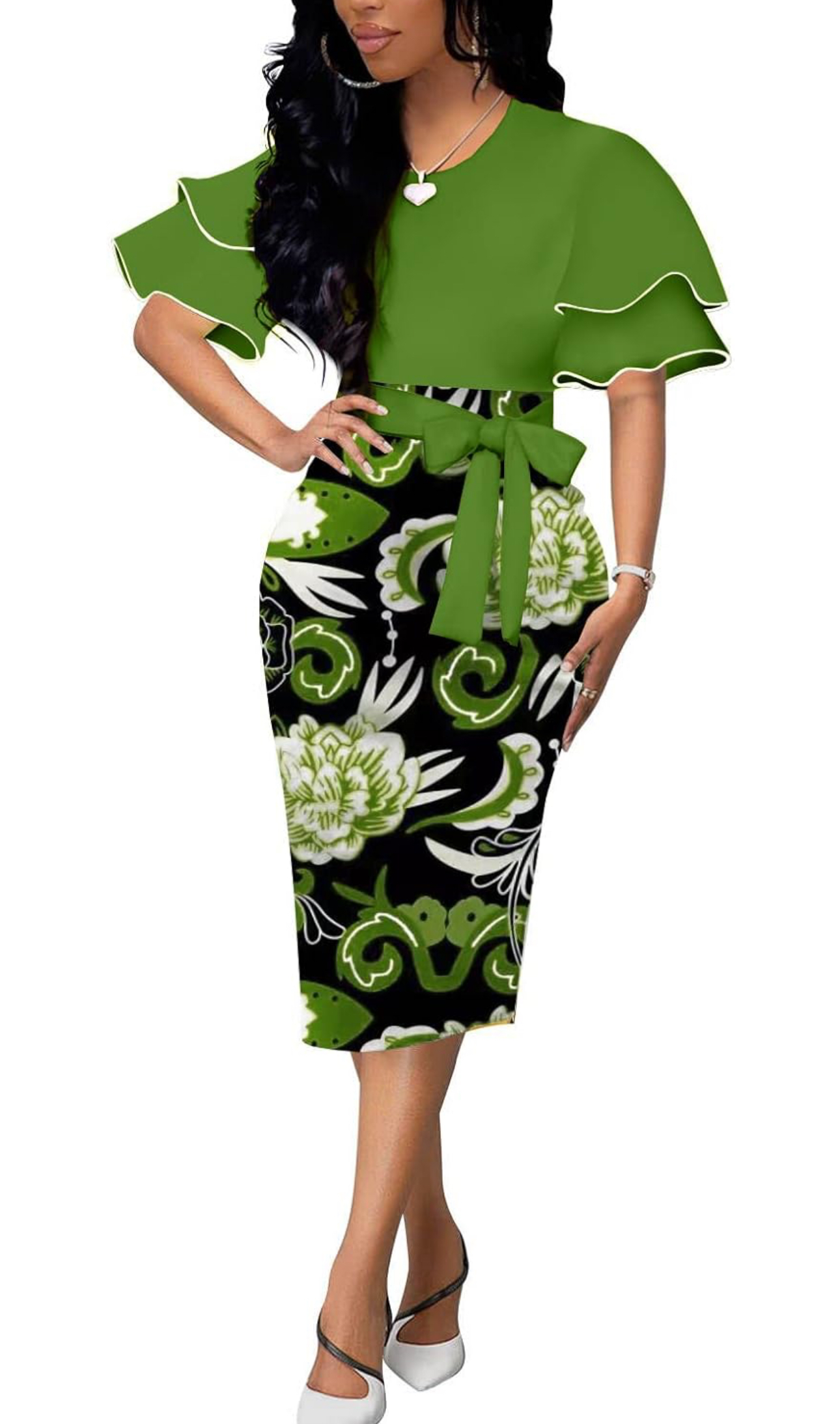 Green Ruffle Short Sleeve Floral Dress (S)