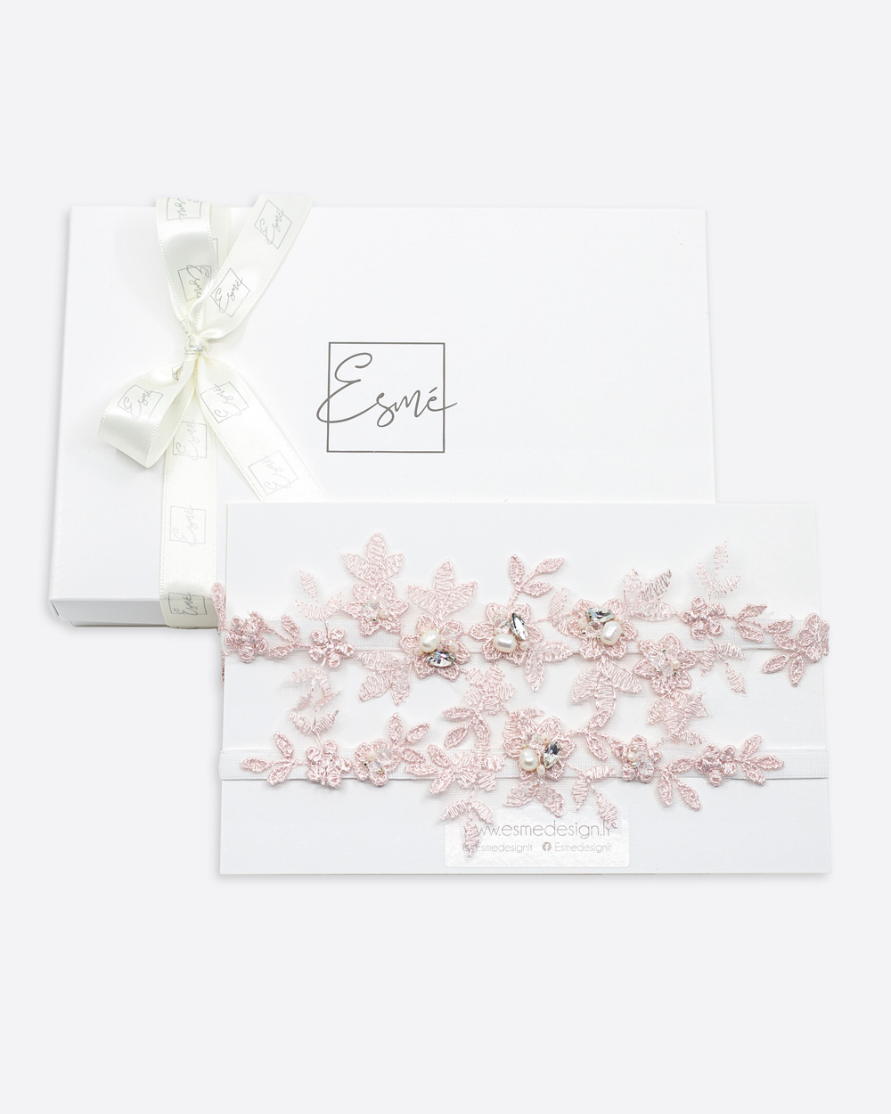 Gėlėtų nėrinių keliaraištis su perlais ir kristalais, Rožinis