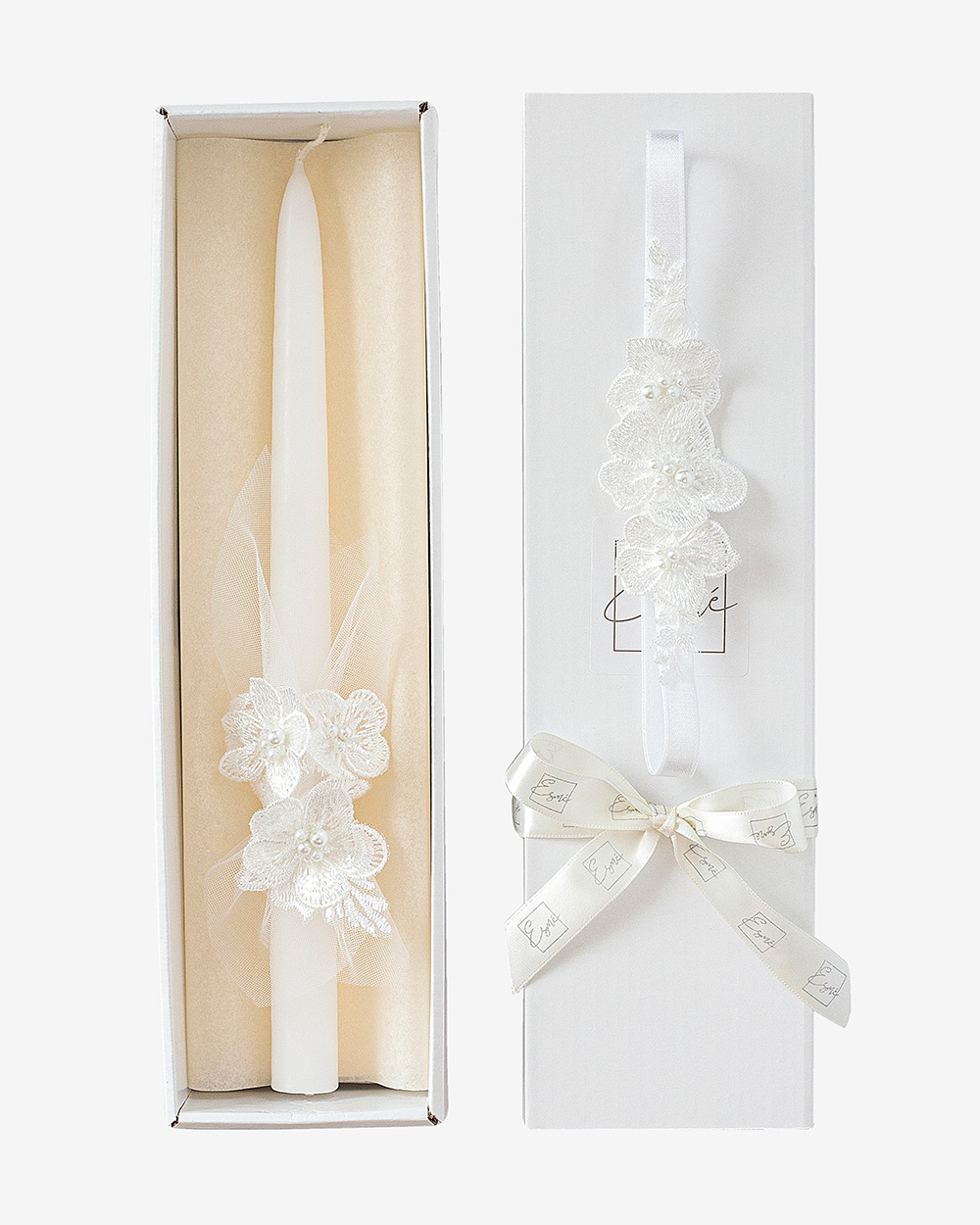 Krikšto žvakės ir galvajuostės rinkinys su nėrinių gėlėmis