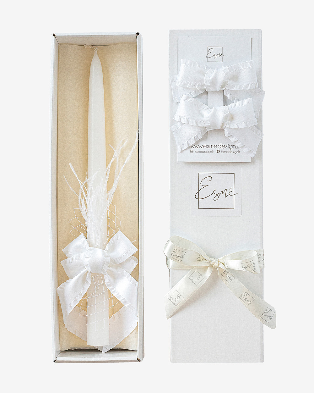 Krikšto žvakės ir segtukų rinkinys su rauktu kaspinu