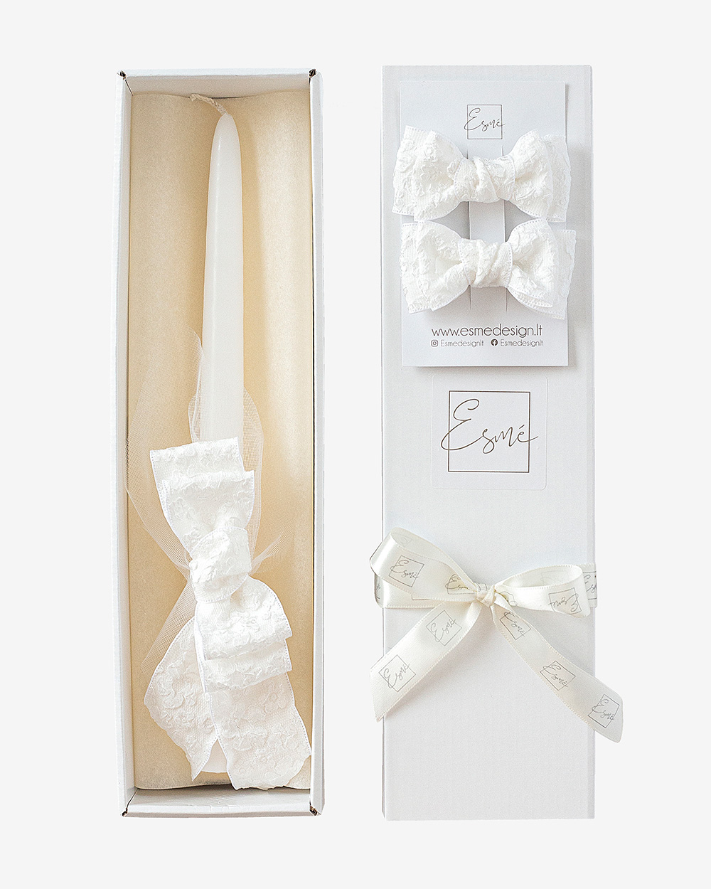 Krikšto žvakės ir segtukų rinkinys su gėlėtu kaspinu