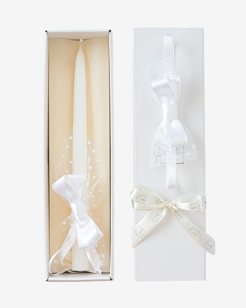 Krikšto žvakės ir galvajuostės rinkinys su taškuotu tiuliu