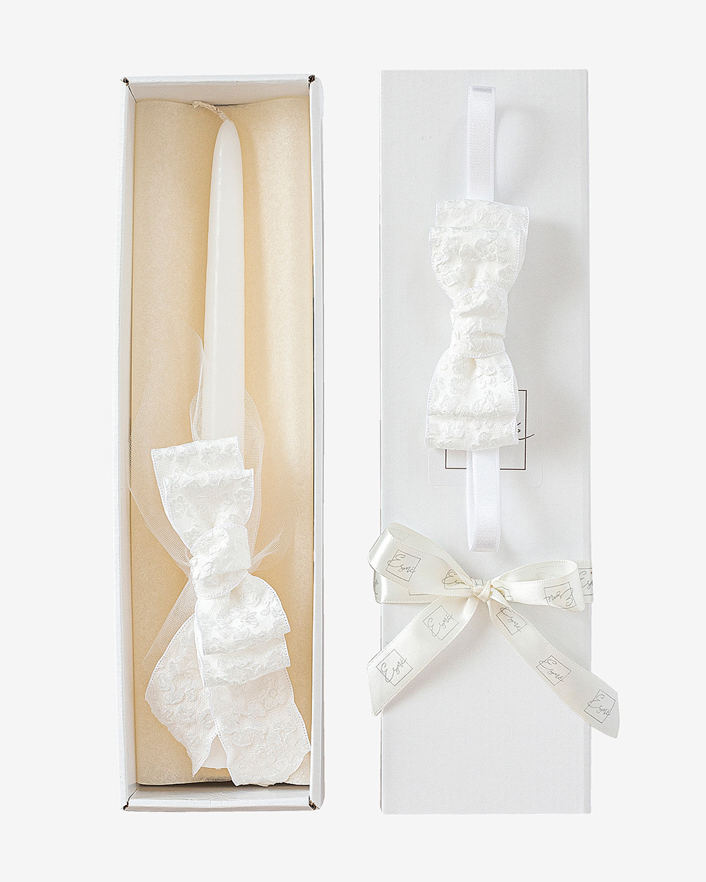 Krikšto žvakės ir galvajuostės rinkinys su gėlėtu kaspinu