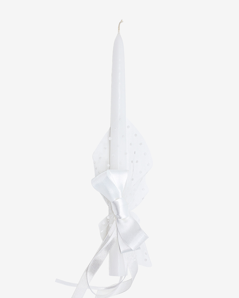 Krikšto žvakė su taškuotu tiuliu ir kaspinu