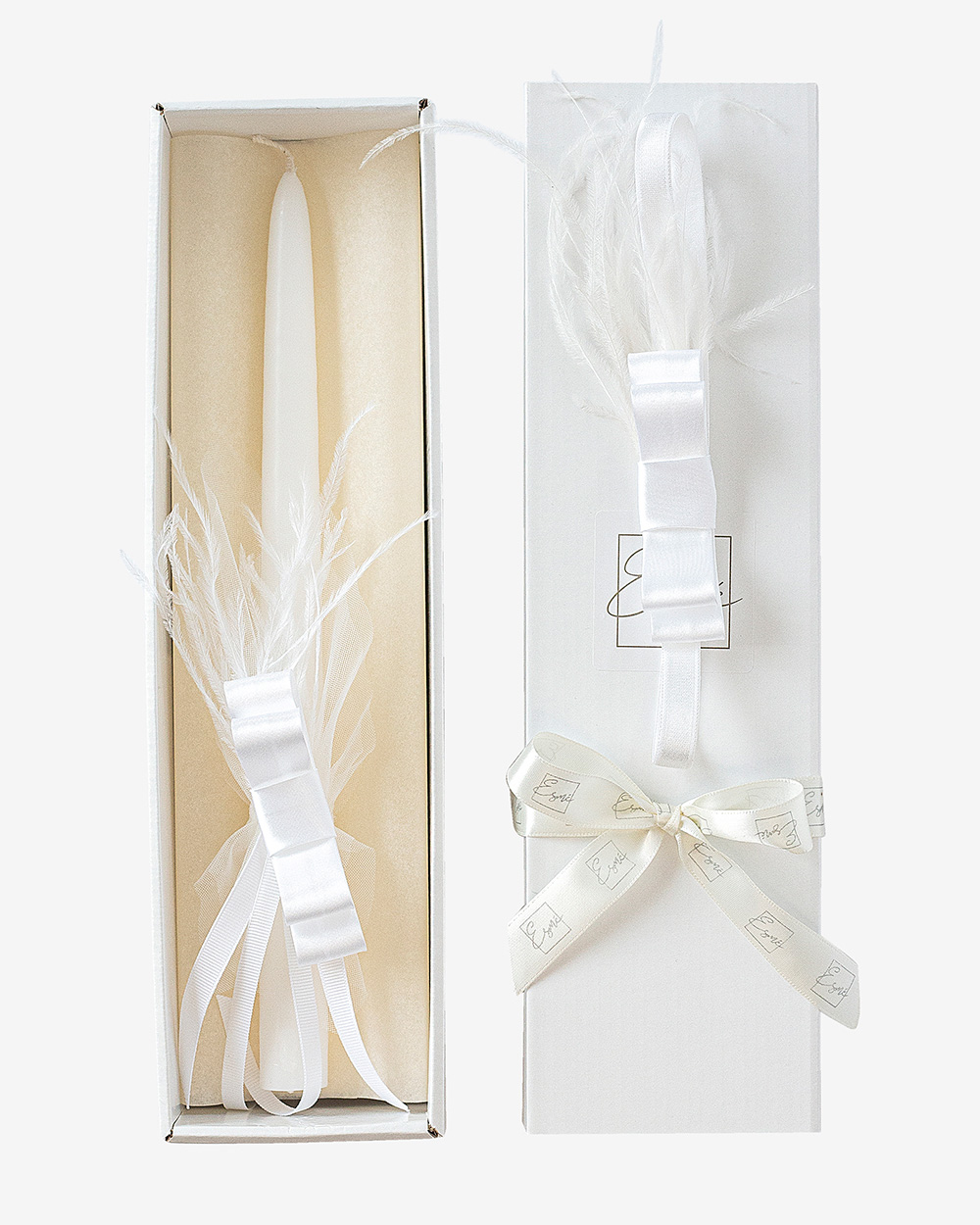 Krikšto žvakės ir galvajuostės rinkinys su plunksnomis