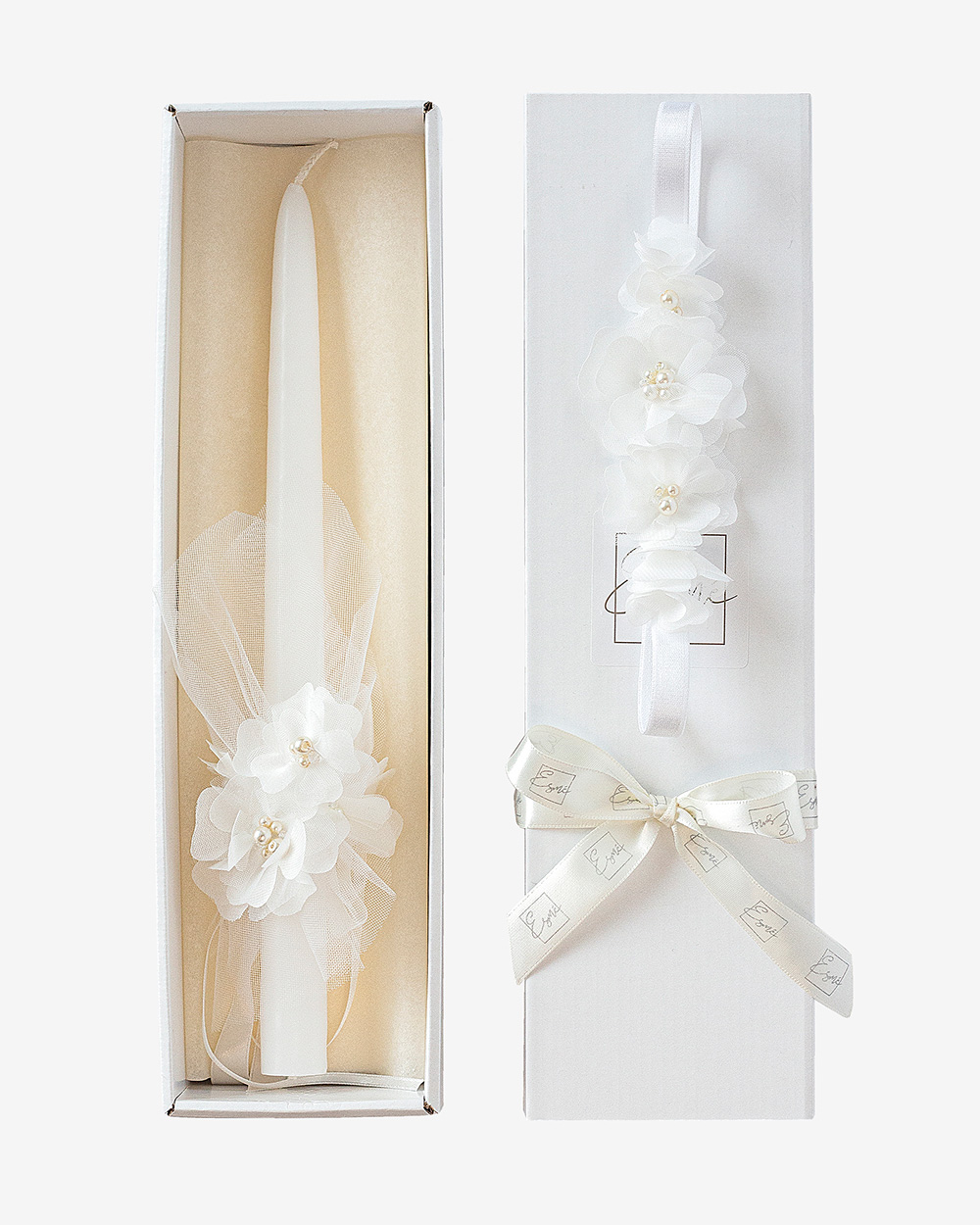 Krikšto žvakės ir galvajuostės rinkinys su gėlėmis