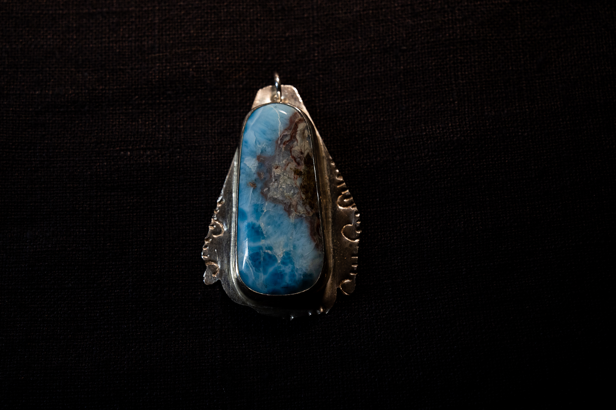 "Copper Embossed" Larimar Pendant with Natural Red Feature in Sterling Silver