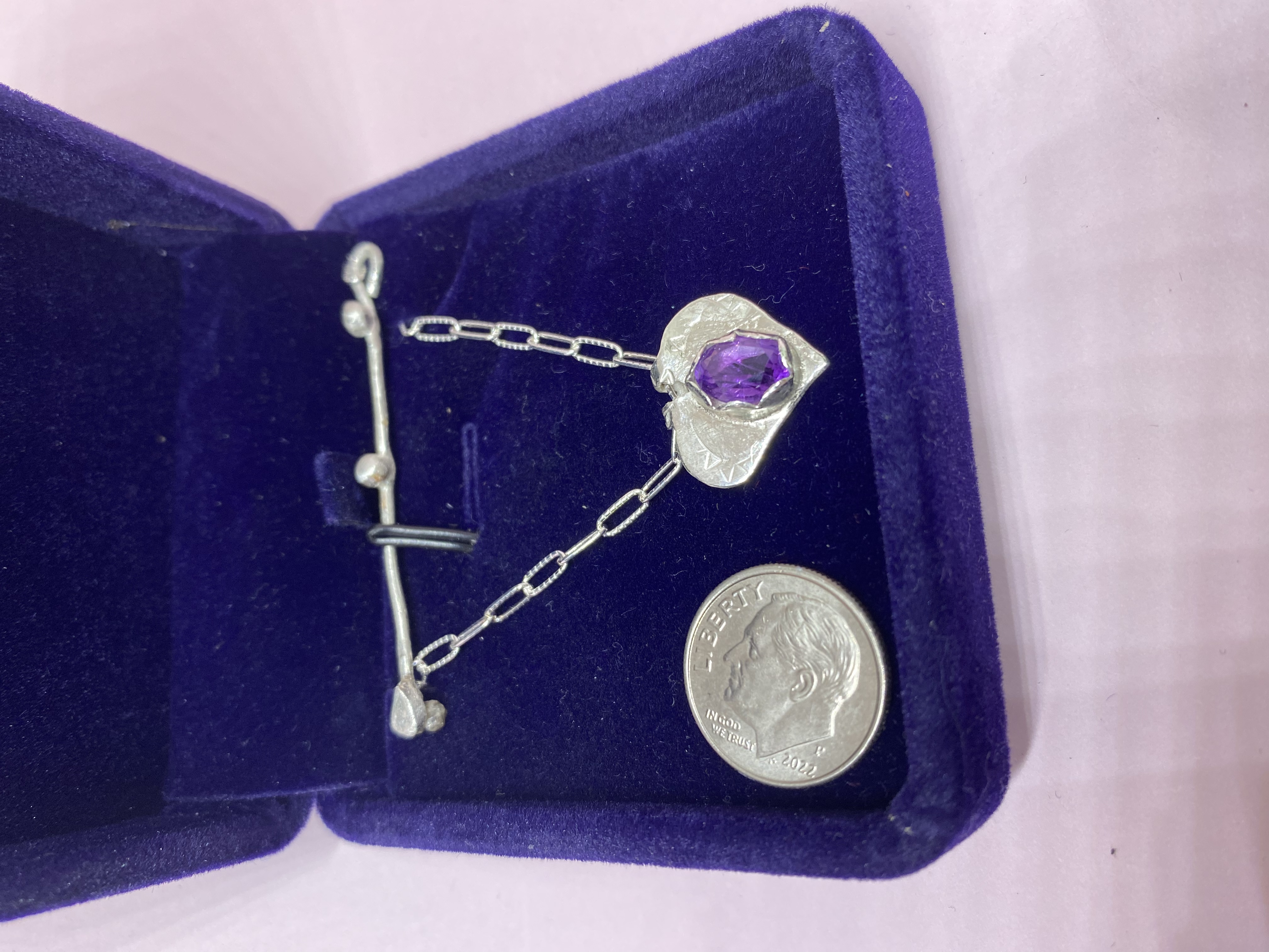 "Double Win: Amethyst 10x8mm Oval in .925 Sterling Silver Hand-Stamped Heart w/ Multi-length Button Clasp Stem Necklace