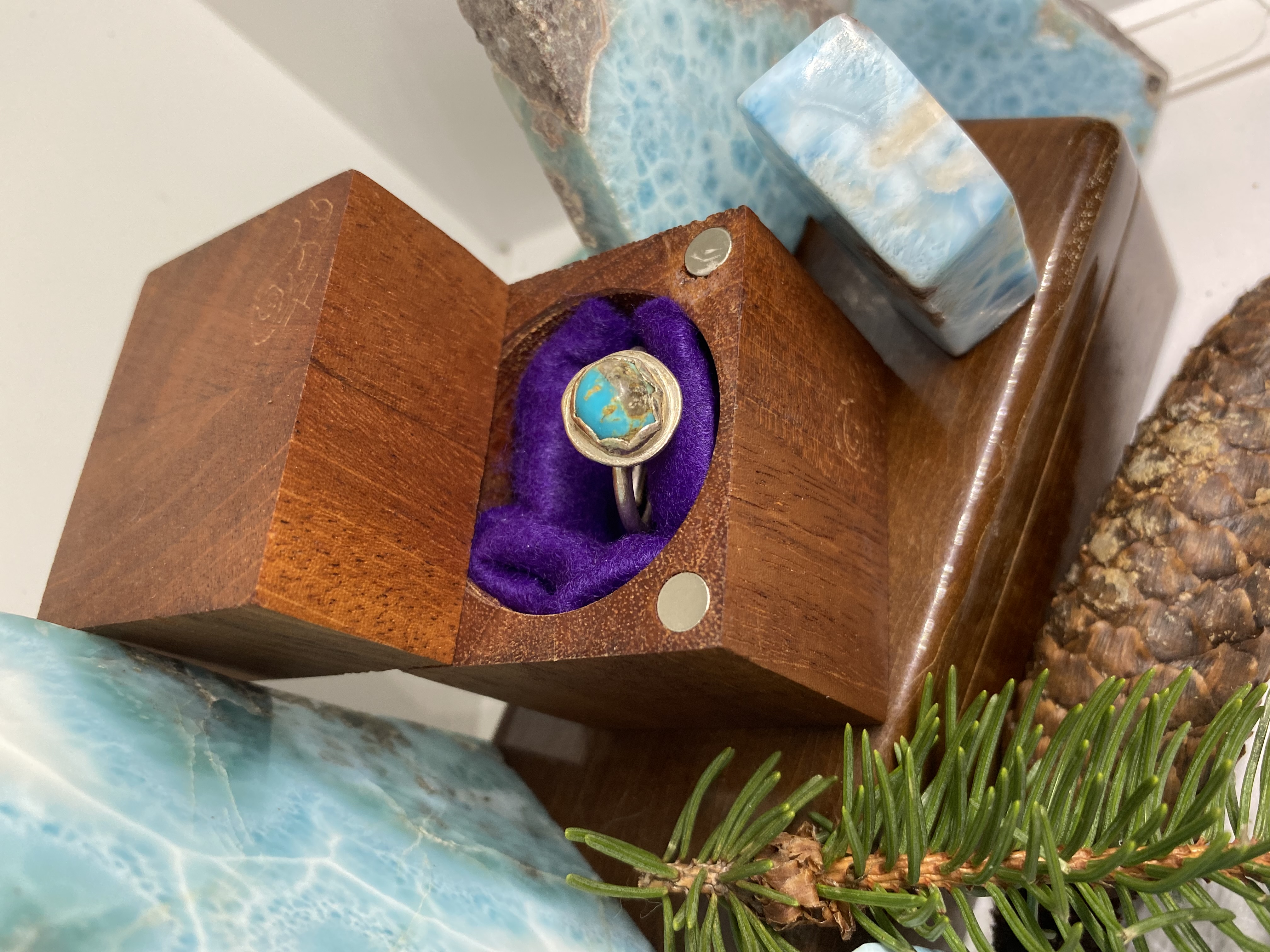 Turquoise Round with Scalloped Bezel Solid Sterling Silver Setting Adjustable Ring