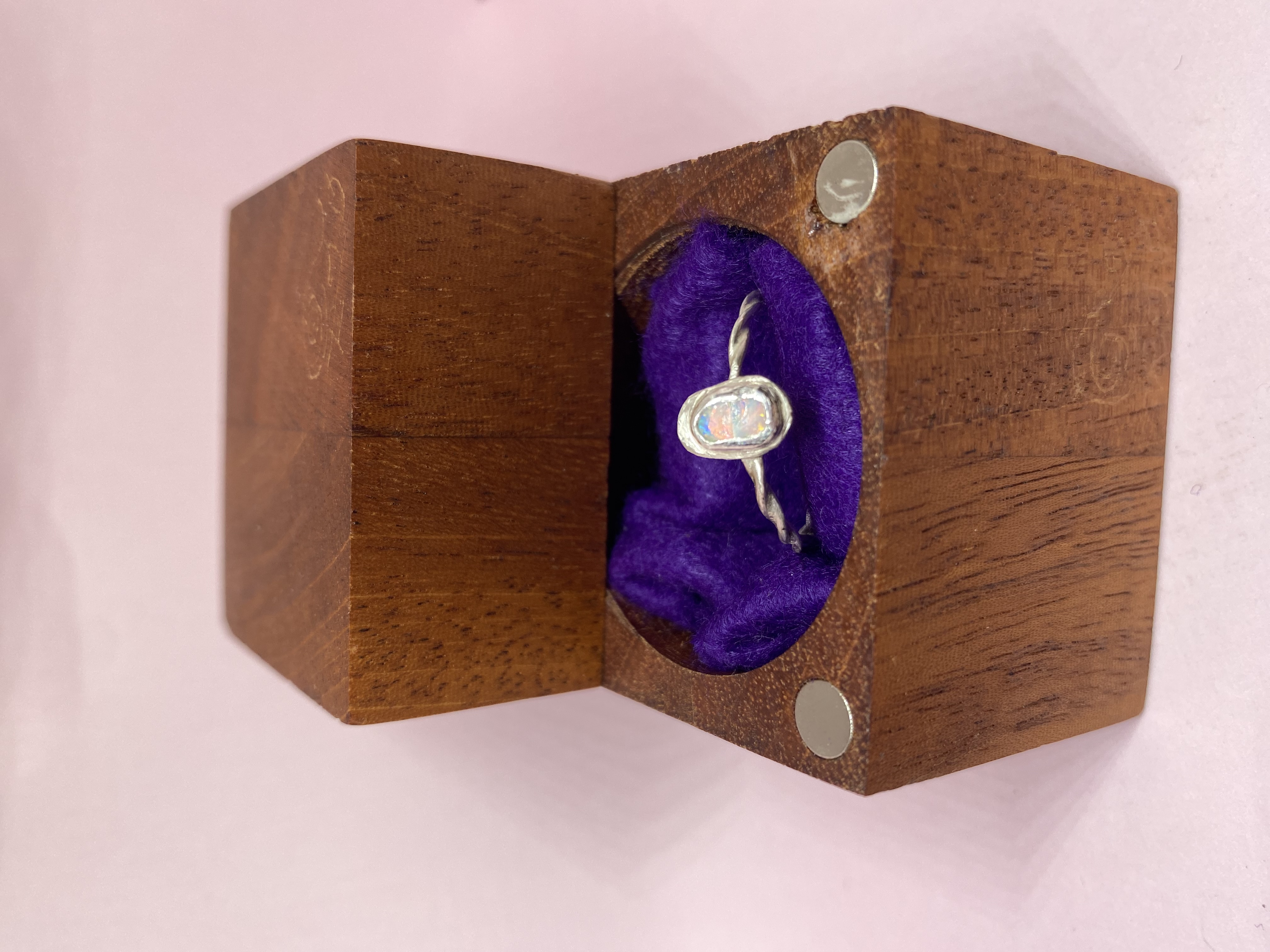 Australian Opal with Pink Fire 7x5mm Set in Sterling Silver with double Wire Twist Ring Band Size 9.5