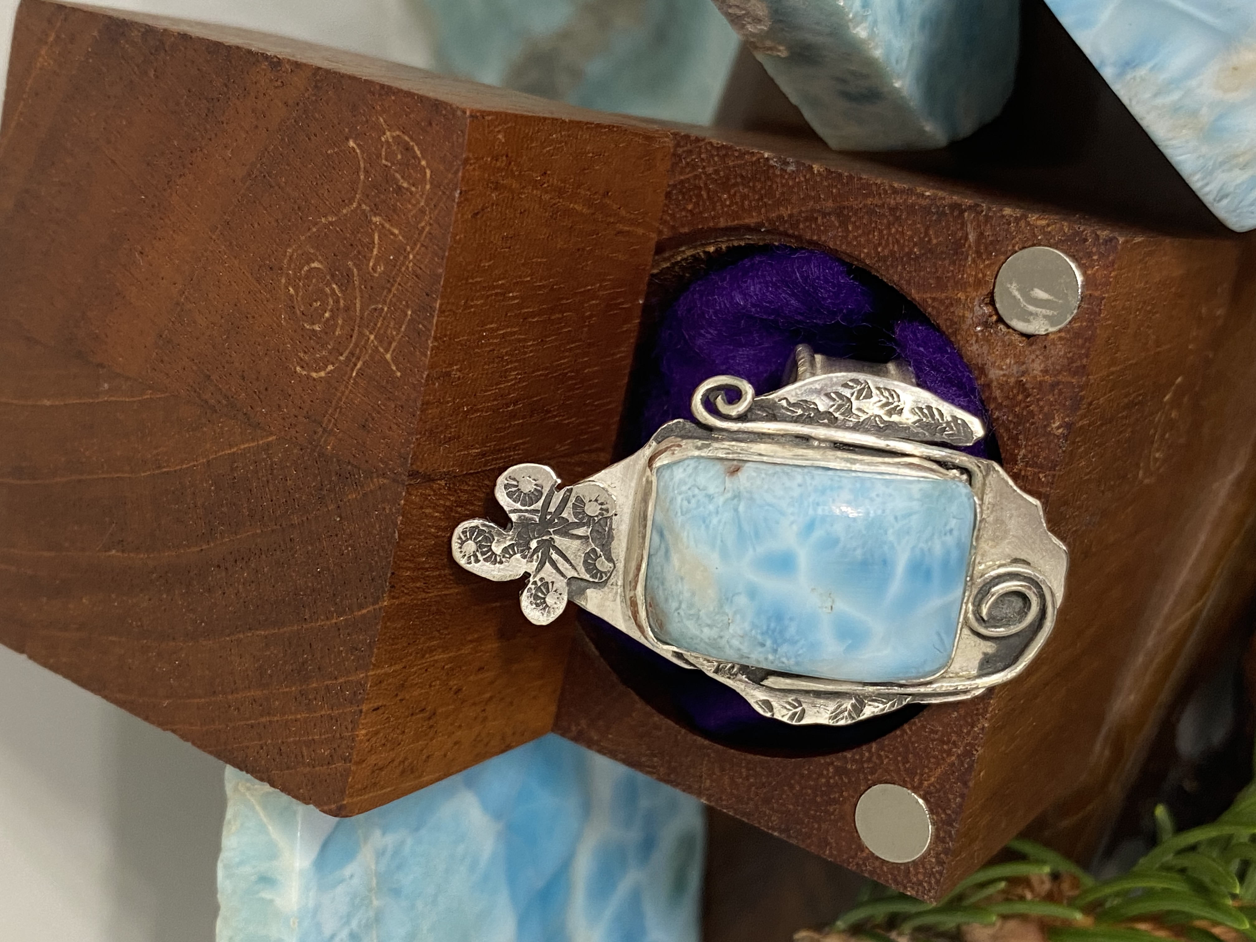 Larimar Flower Ring Size 8.75 Sterling Silver