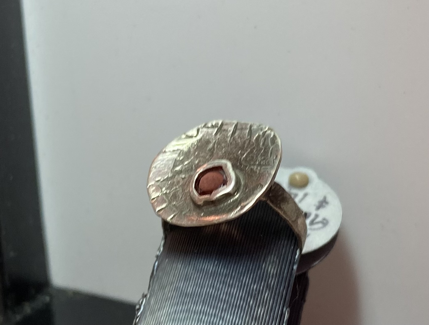 Size 4 Rhodolite Garnet Ring w Hand-Textured Ring Band and Patinated Disc All Solid Sterling Silver .925 Metals 