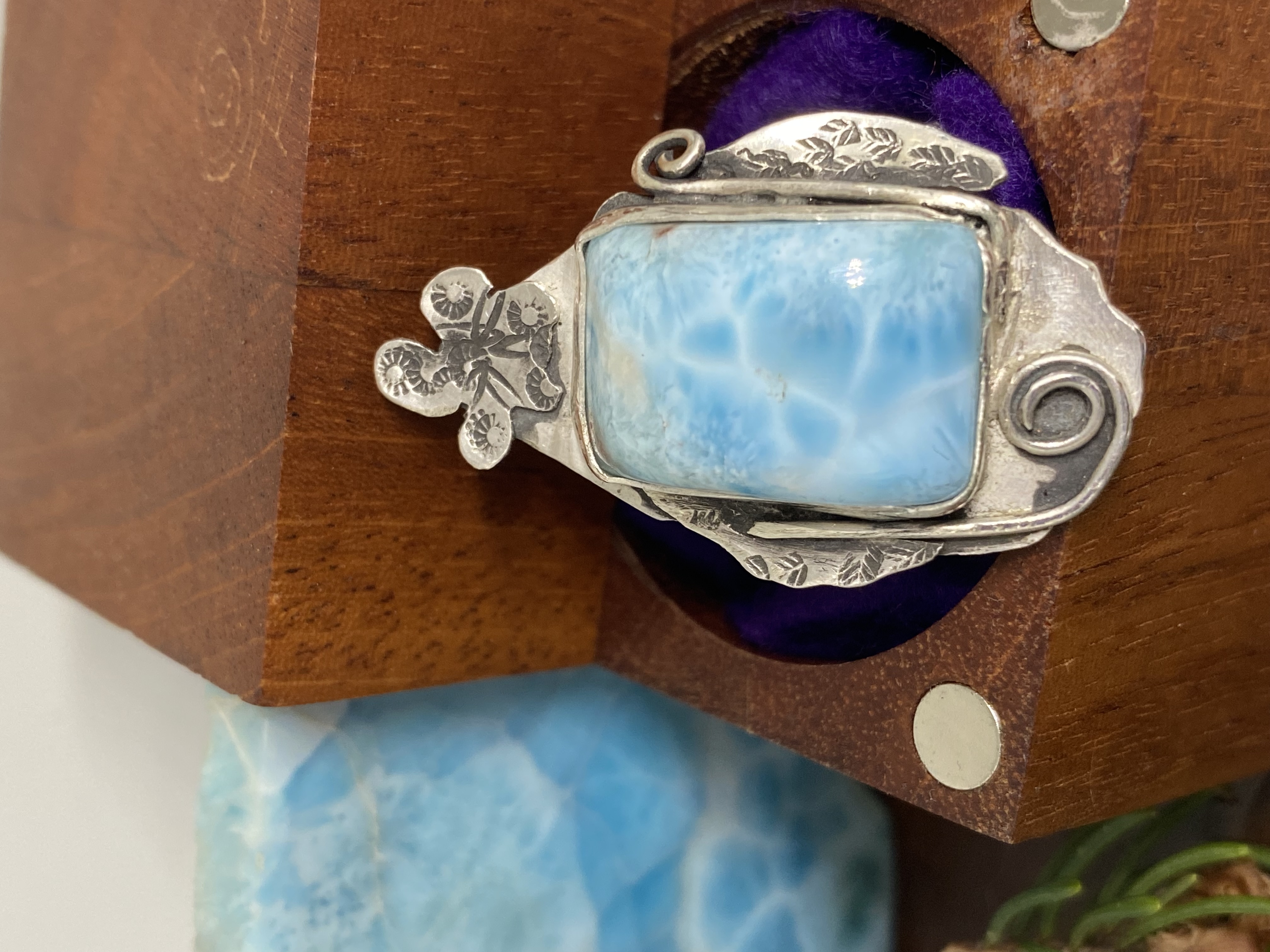 Larimar Flower Ring Size 8.75 Sterling Silver