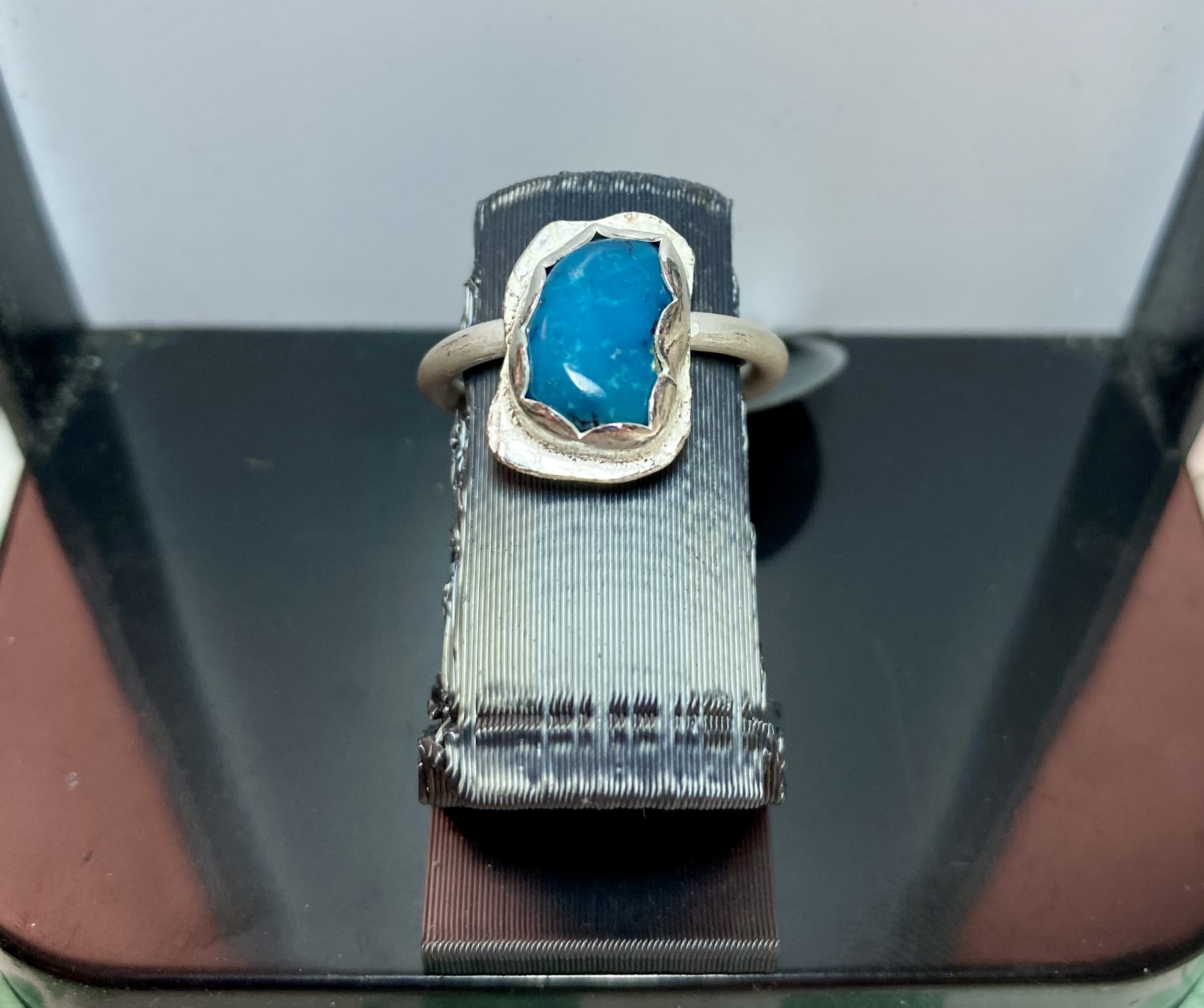 Size 6.75 Freeform Kingman Turquoise Rectangle Deep Blue Turquoise Ring with Round Wire Ring Band