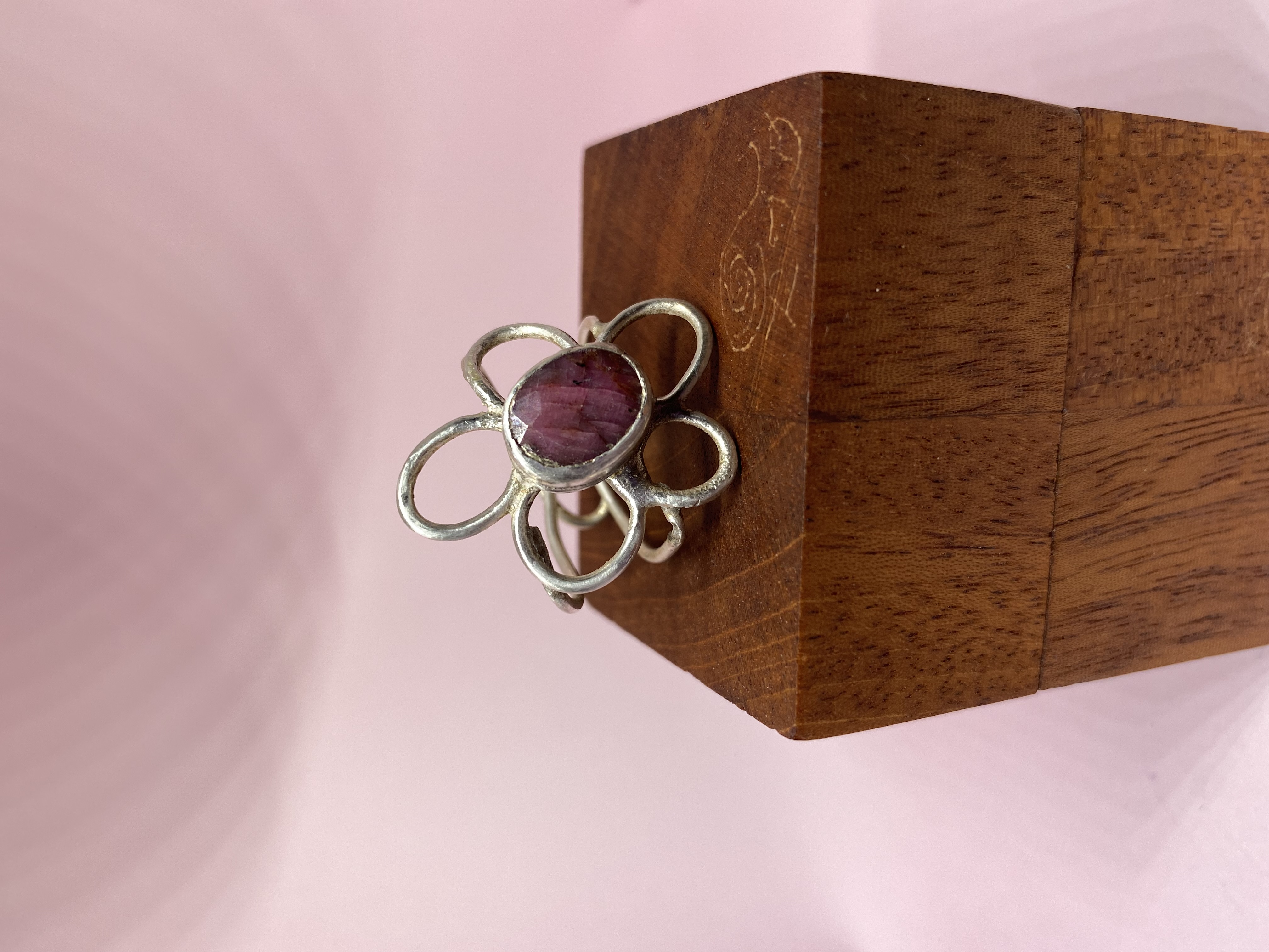 Ruby Flower Adjustable Ring with Faceted 13mm Natural Ruby 16-gauge wire and bezel set gem