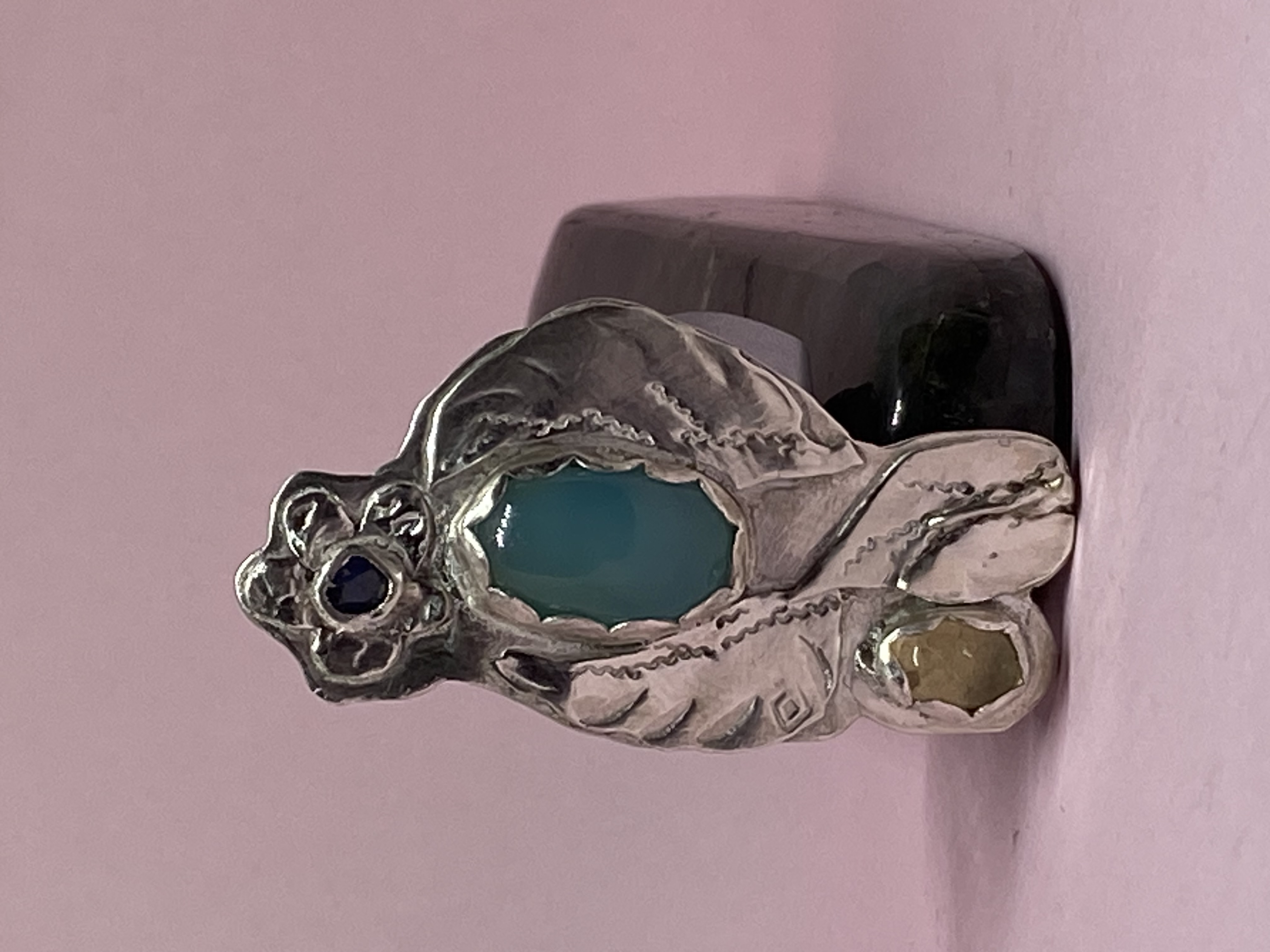 Blue Kyanite Aqua Chalcedony and Citrine Authentic Gems set in .925 Sterling Silver Size 6.75 Ring