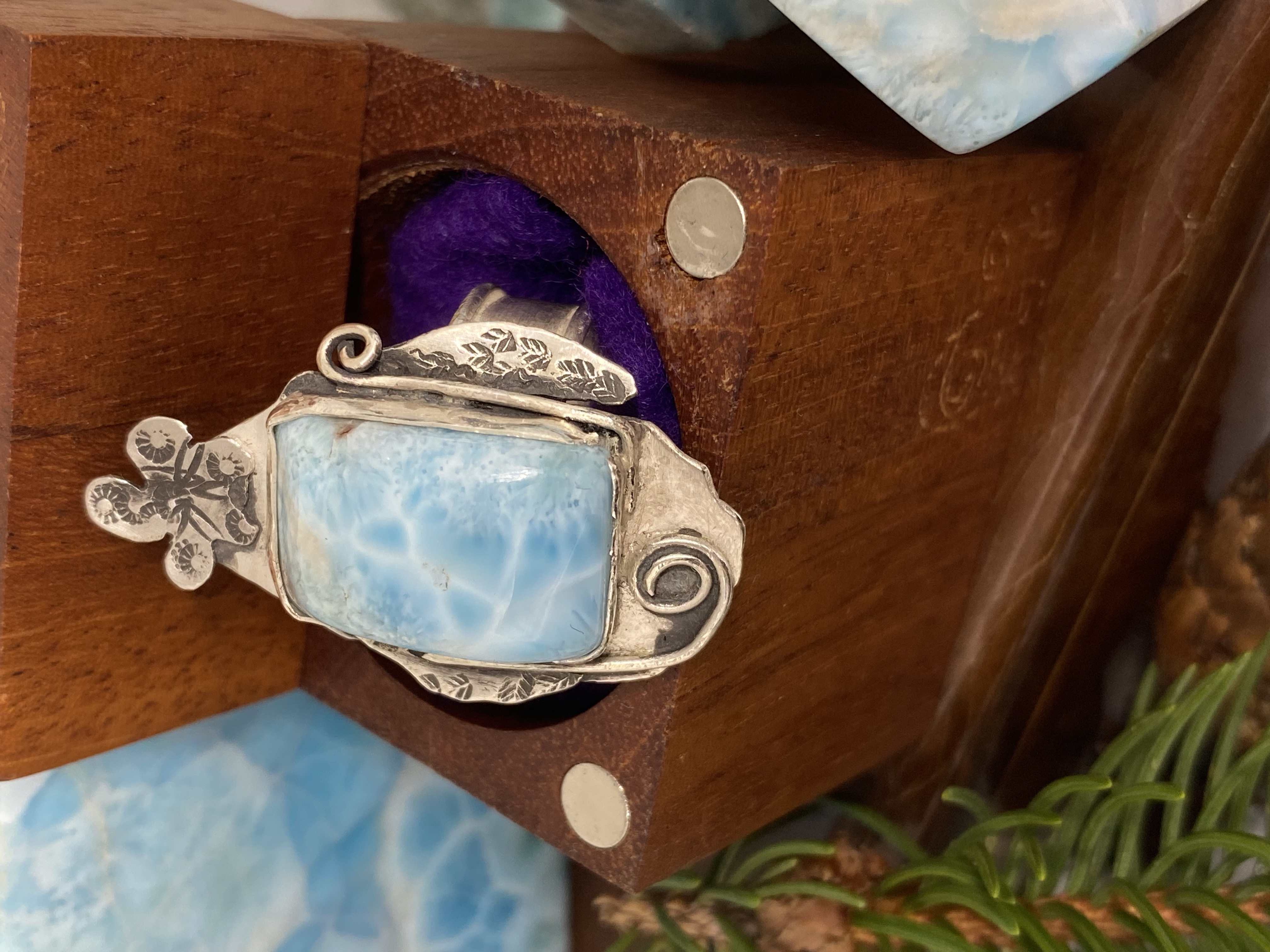 Larimar Flower Ring Size 8.75 Sterling Silver