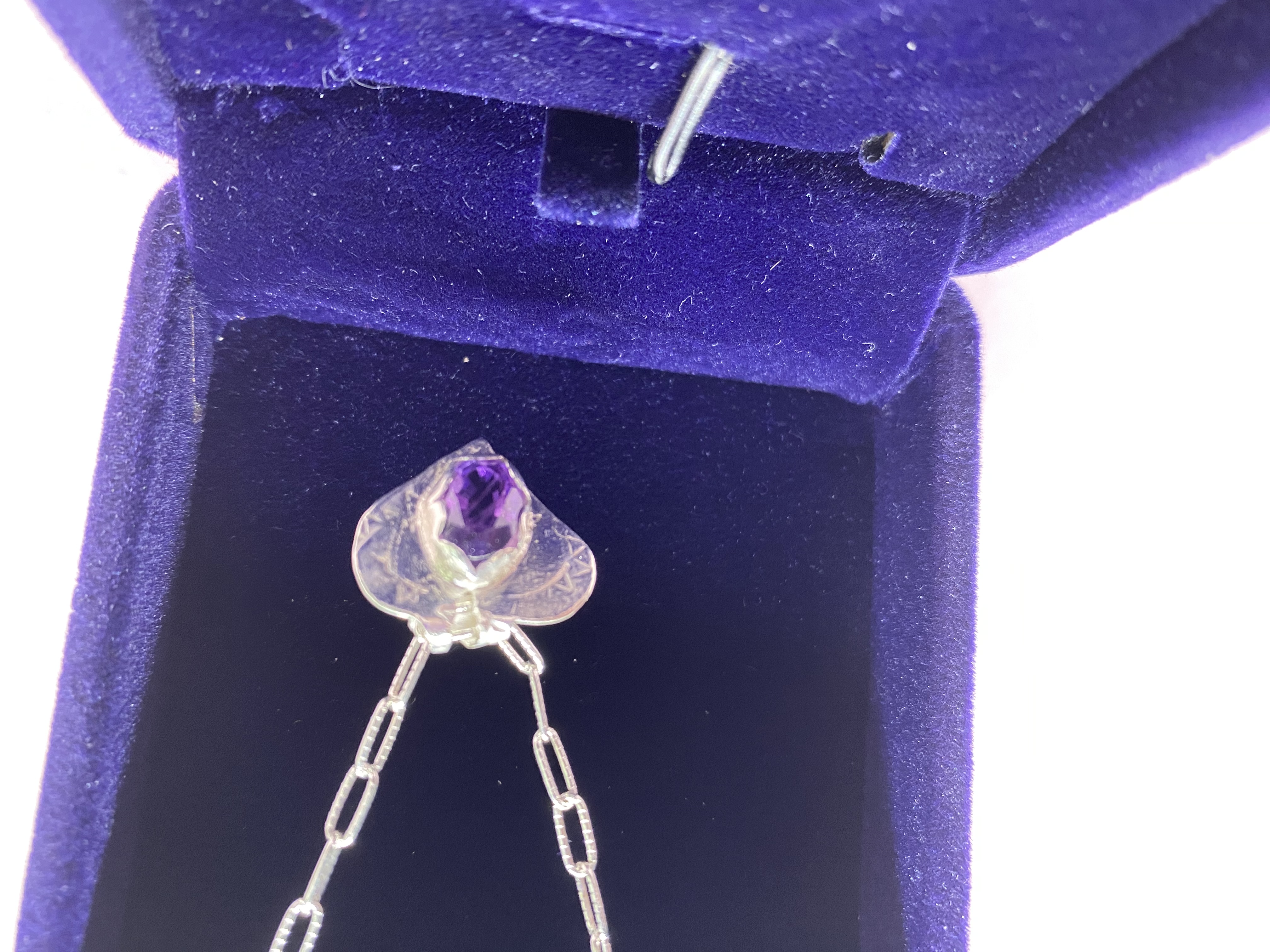 "Double Win: Amethyst 10x8mm Oval in .925 Sterling Silver Hand-Stamped Heart w/ Multi-length Button Clasp Stem Necklace