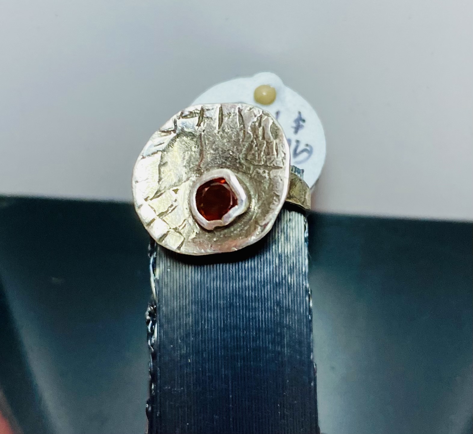 Size 4 Rhodolite Garnet Ring w Hand-Textured Ring Band and Patinated Disc All Solid Sterling Silver .925 Metals 