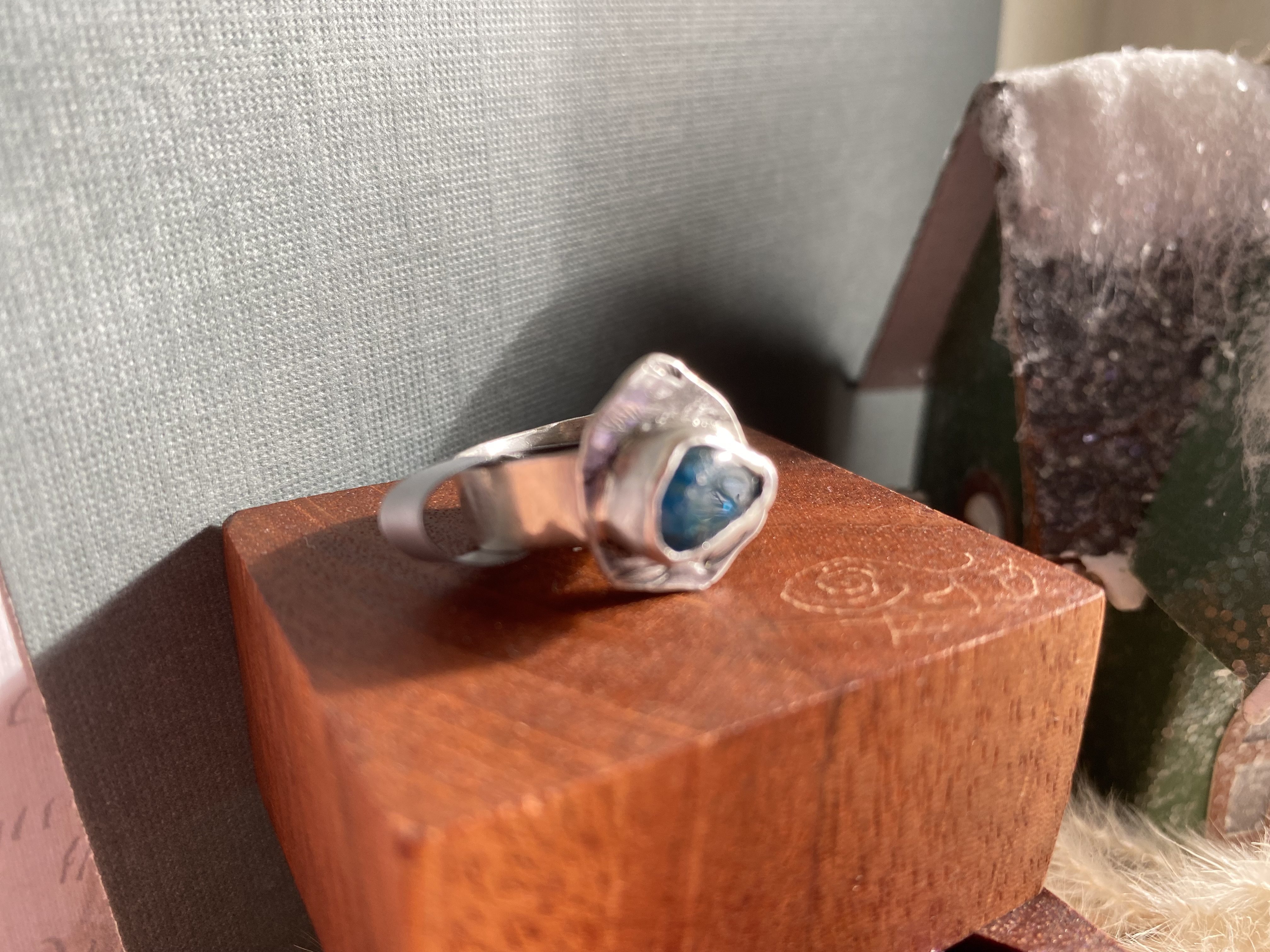 Blue Apatite Freeform Triangle Ring in Sterling Silver Hand-stamped with Wispy Detail Sturdy Width Ring Band Size 5.75