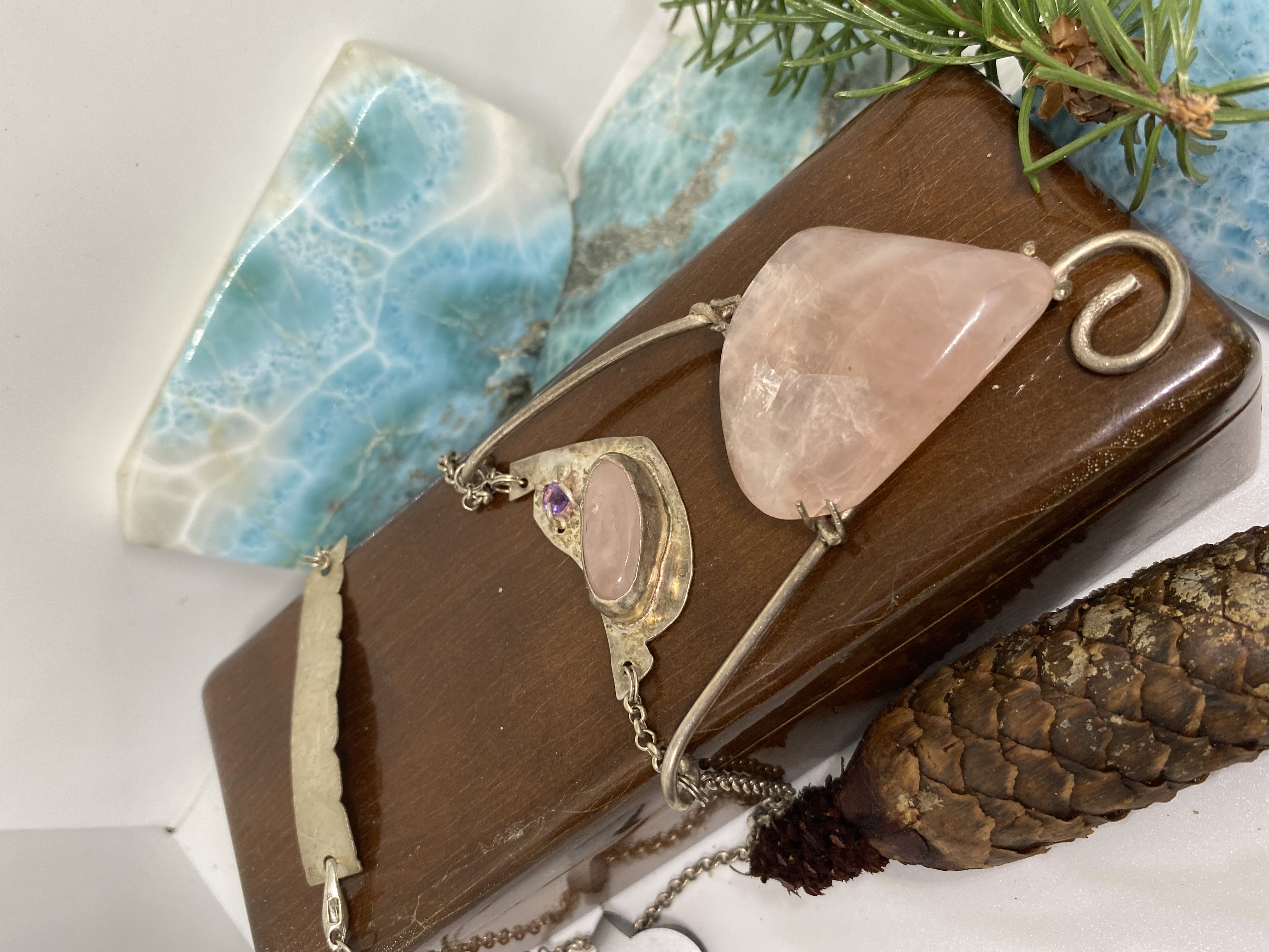 Bubble Flash Rose Quartz and Vintage Siberian Amethyst set in Sterling Silver