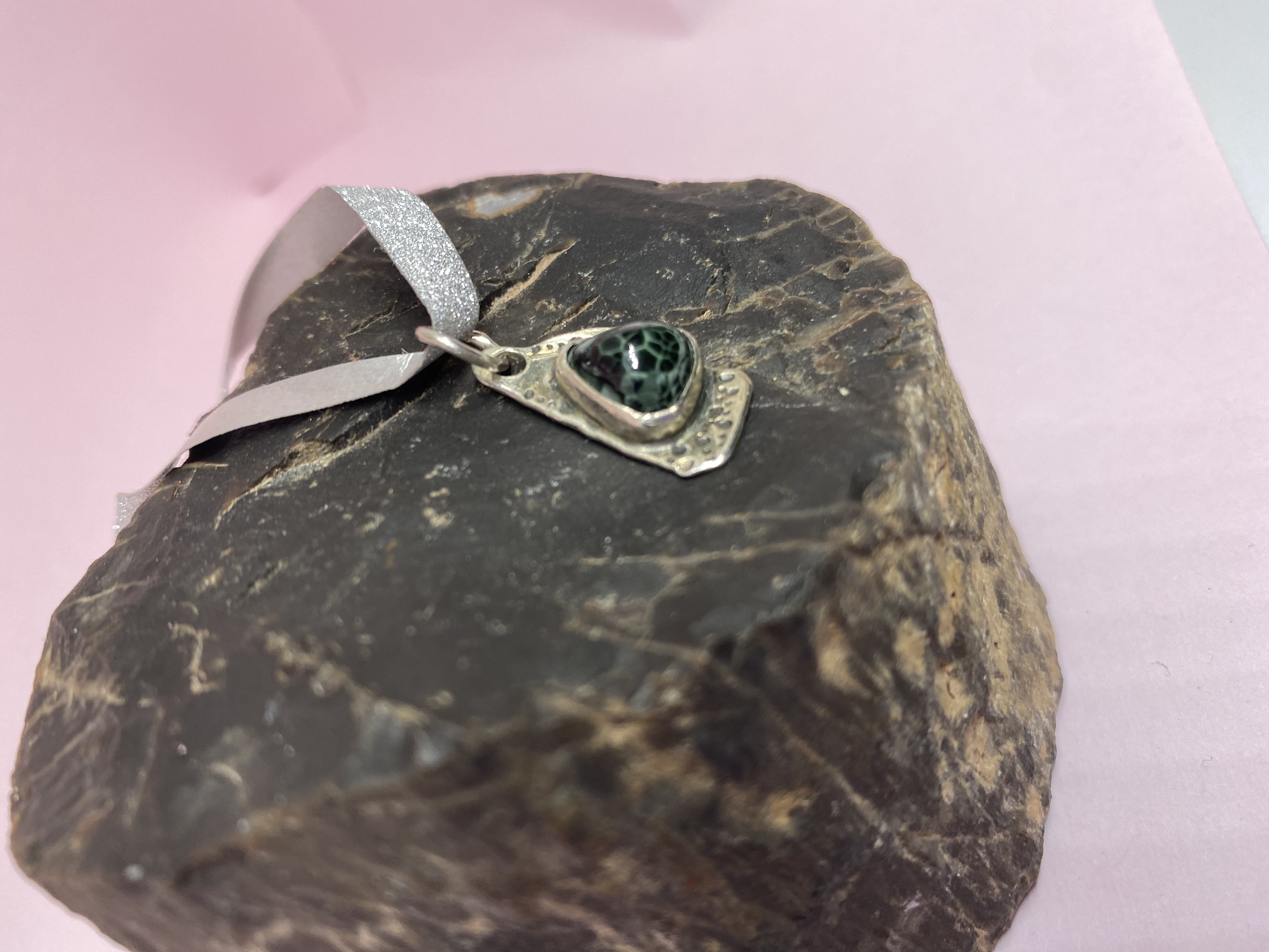 Chlorastrolite Pendant with Michigan Greenstone Gem cut by Chris Cooper Set in Hand Stamped Sterling Silver