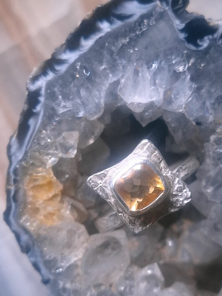 Size 6.75 Genuine Yellow Cushion Cut 10mm Citrine in Hammered .925 Sterling Silver Ring