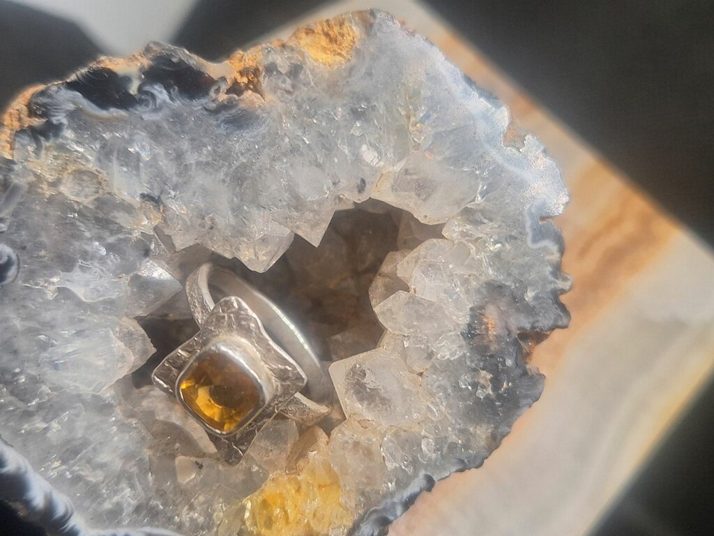 Size 6.75 Genuine Yellow Cushion Cut 10mm Citrine in Hammered .925 Sterling Silver Ring