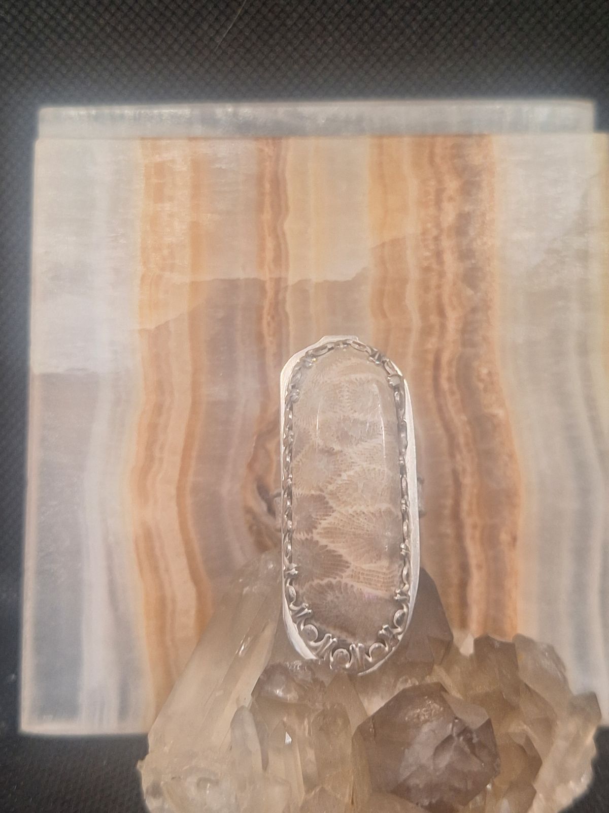 Size 7 Petoskey Ring in .925 Sterling Silver with Fancy Gallery Wire