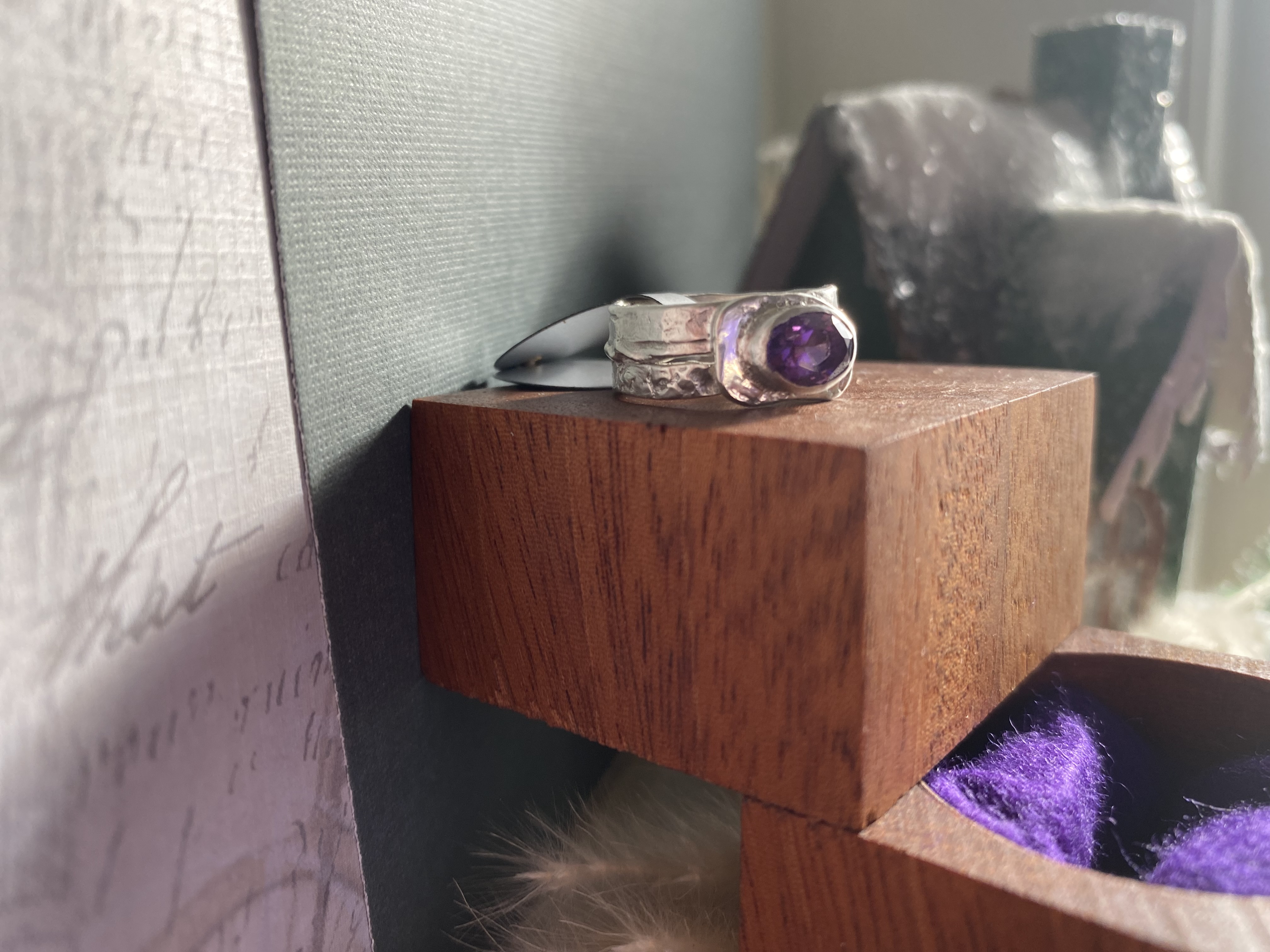 Rich Color Play Purple 9x6mm Amethyst Set in Sterling Silver Size 6.5 Ring with Hand Stamped Sheet and Twist Ring Band 
